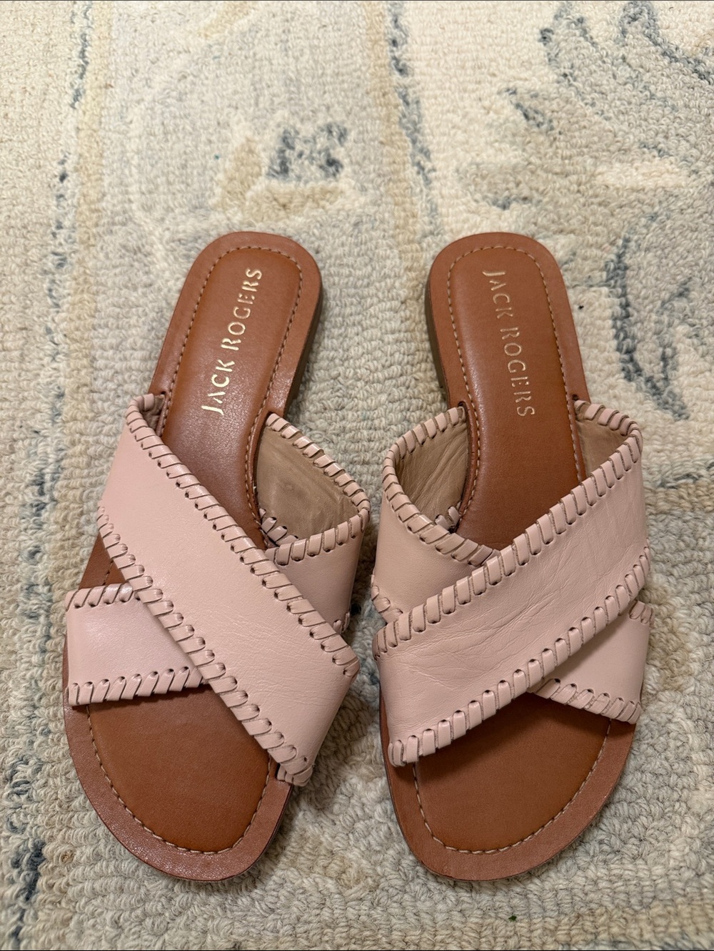 Jack Rogers Pink Leather Cross-Strap Whipstitched Slide Sandals